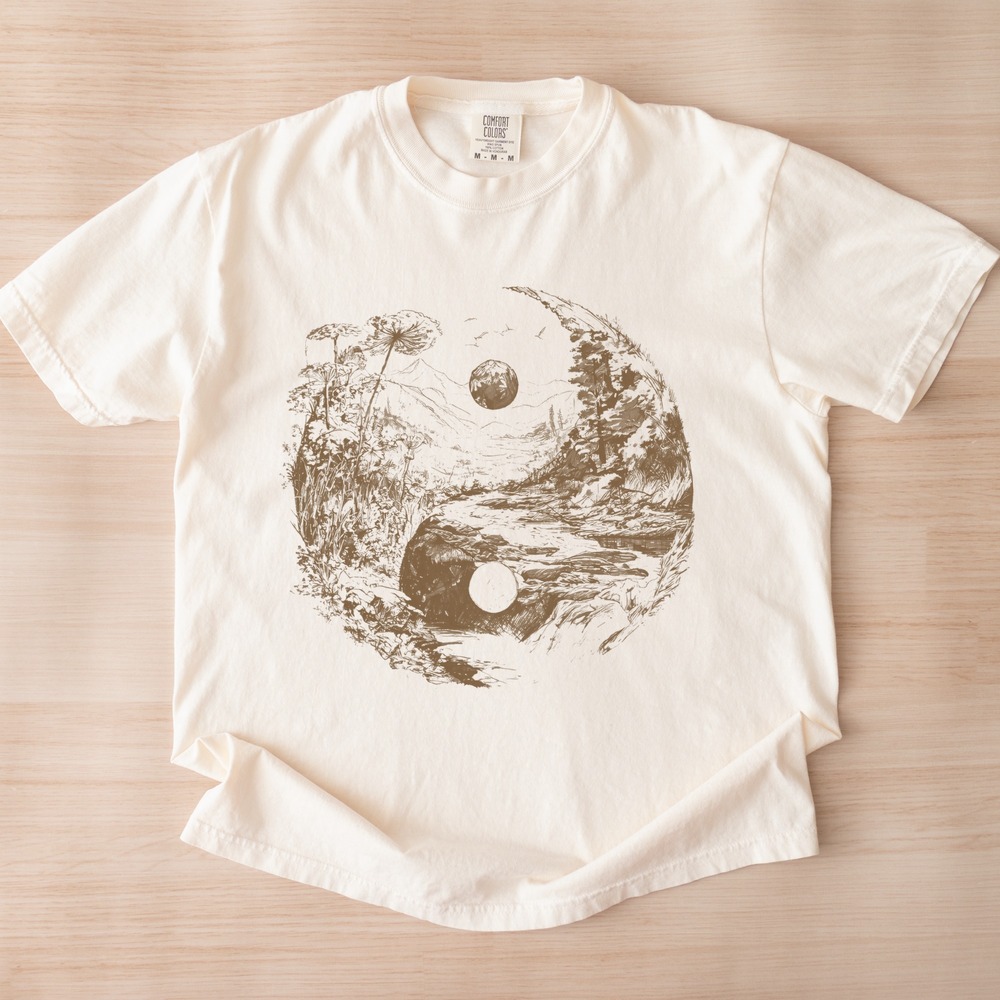 Mountain River Valley Landscape Graphic Tee Intricate Nature Art